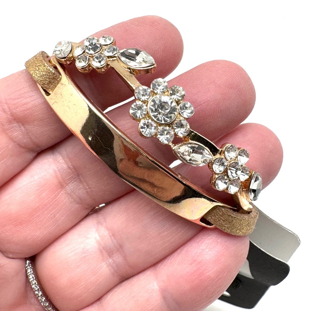 Gennaro Gold Tone Floral Crystal and Leather Bracelet Set